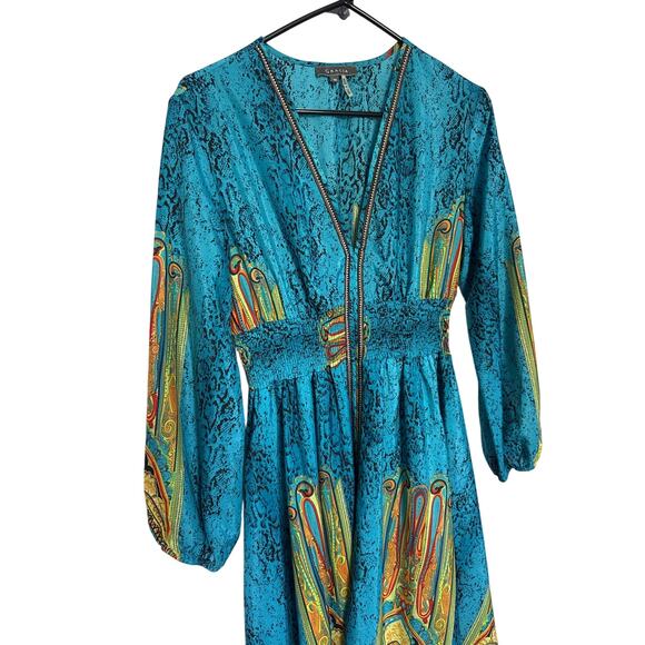Gracia Maxi Dress Blue Green Smocked Waist Front Slit Boho Whimsical medium - Picture 3 of 16